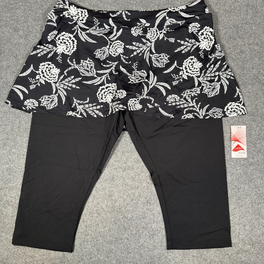Lands End Womens 2X 20W-22W Swim Leggings Floral Skirted Capri Black White NEW